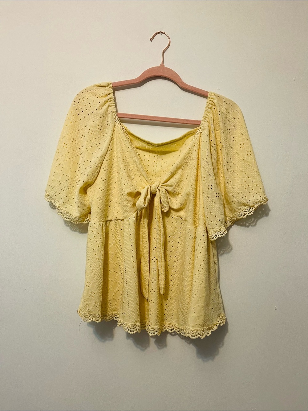 SHEIN Yellow Eyelet Tie-Front Peasant Blouse